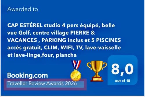 CAP ESTÉREL studio 4 pers équipé, belle vue Golf, centre village PIERRE & VACANCES , PARKING inclus et 5 PISCINES accès gratuit, CLIM, WIFI, TV, lave-vaisselle et lave-linge,four, plancha